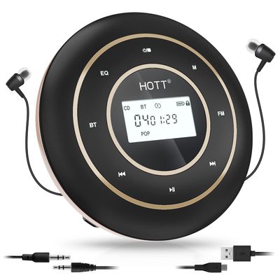 HOTT C105 CD Player Portable Anti-Shock Personal Portable CD Player with Headphones USB AUX Output for Car Travel Home - Black