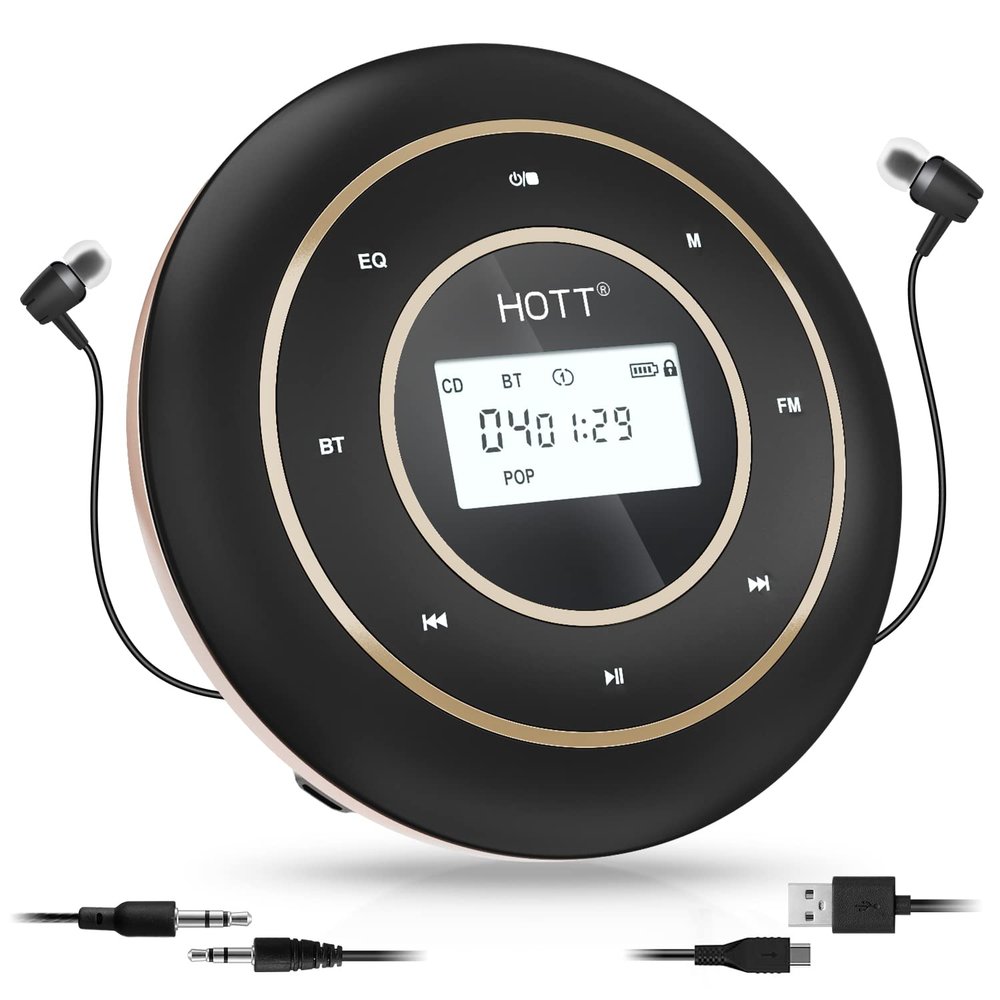 HOTT C105 CD Player Portable Anti-Shock Personal Portable CD Player with Headphones USB AUX Output for Car Travel Home - Black