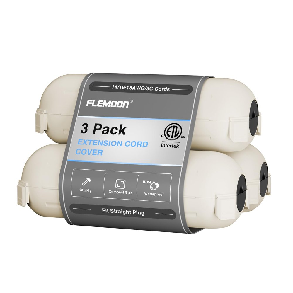 Flemoon [3 Pack] Outdoor Extension Cord Safety Cover with Waterproof Seal, Weatherproof Electrical Connection Box for Outdoor Outlet, Plug, Socket, Halloween, Christmas Holiday Decoration Light, White