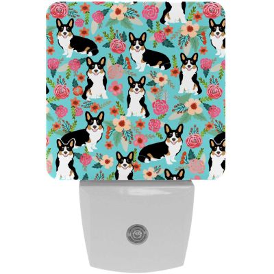 2 Pack Plug-in LED Night Light Lamp Lovely Corgi & Flowers, Auto Dusk to Dawn Sensor Decorative Nightlights for Kids Bedroom, Bathroom, Hallway, Stairways