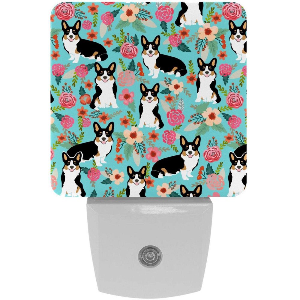 2 Pack Plug-in LED Night Light Lamp Lovely Corgi & Flowers, Auto Dusk to Dawn Sensor Decorative Nightlights for Kids Bedroom, Bathroom, Hallway, Stairways
