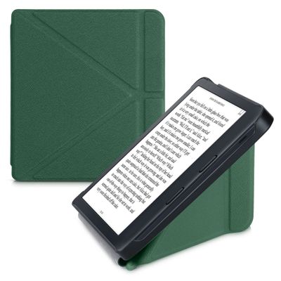 kwmobile Origami Case Compatible with Kobo Libra 2 Case - Slim PU Leather Cover with Stand - Dark Green