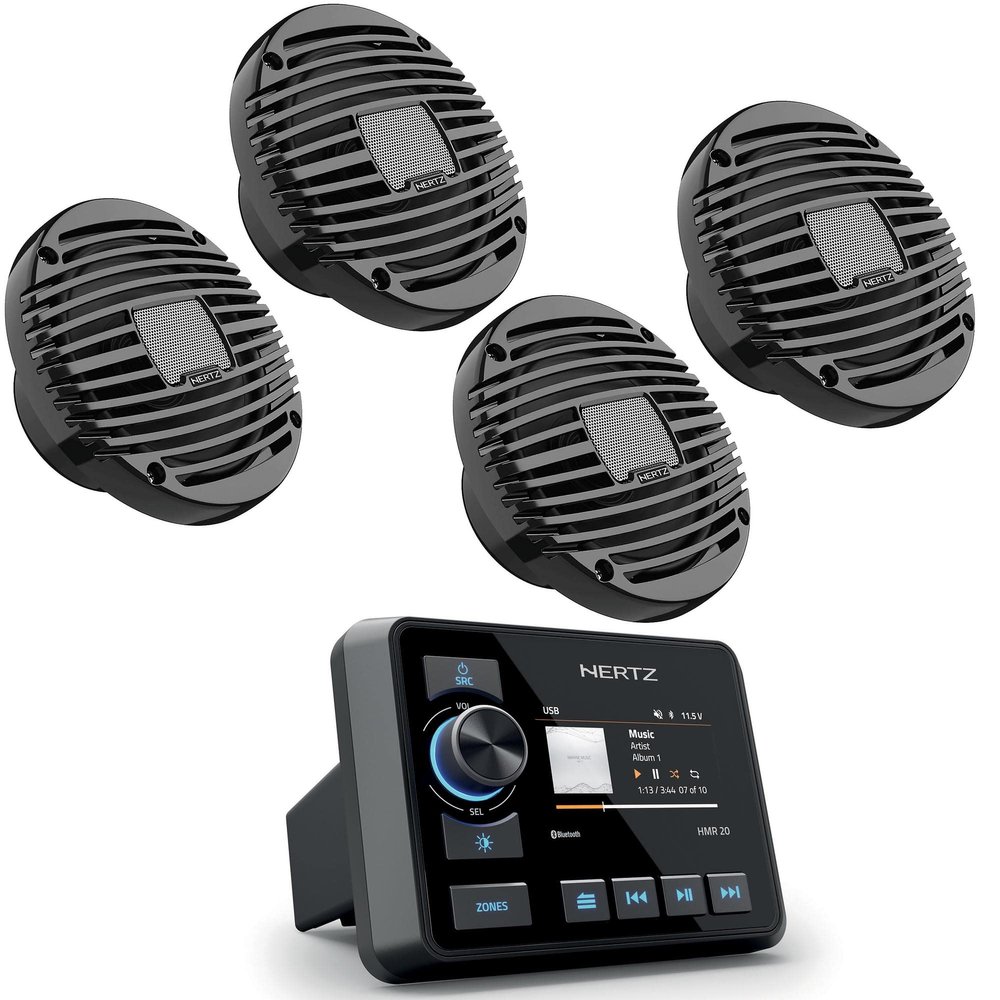 Hertz HMR 20 Marine Digital Media Receiver with 2 Pairs HEX Series HEX-65-M-TC 6.5" 4-Ohm Marine Coax Set - Charcoal