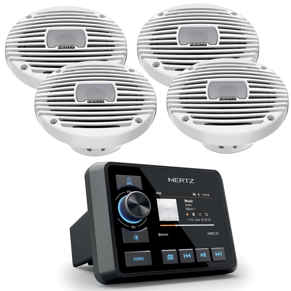 Hertz HMR 20 Marine Digital Media Receiver with 2 Pairs HEX Series HEX-65-M-TW 6.5" 4-Ohm Marine Coax Set - White