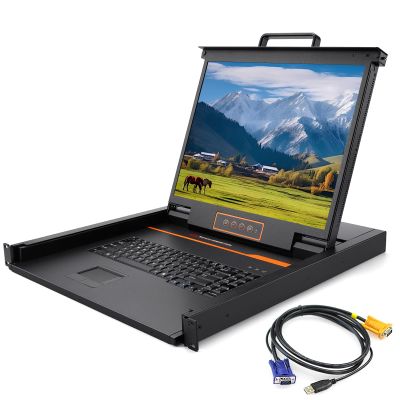 Rack Mount KVM Console, 19" Rack Mount Monitor, Single Port VGA, 1U LCD KVM Drawer with Keyboard and Touch Pad, 17.6"x19.9"x1.67" (W x D x H),12801024@60Hz, USB/VGA Cable Included,50,000 MTBF