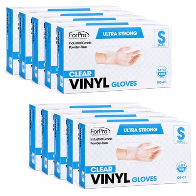 ForPro Disposable Vinyl Gloves, Clear, Industrial Grade, Powder-Free, Latex-Free, Non-Sterile, Food Safe, 2.75 Mil. Palm, 3.9 Mil. Fingers, Small, 100-Count (Pack of 10)
