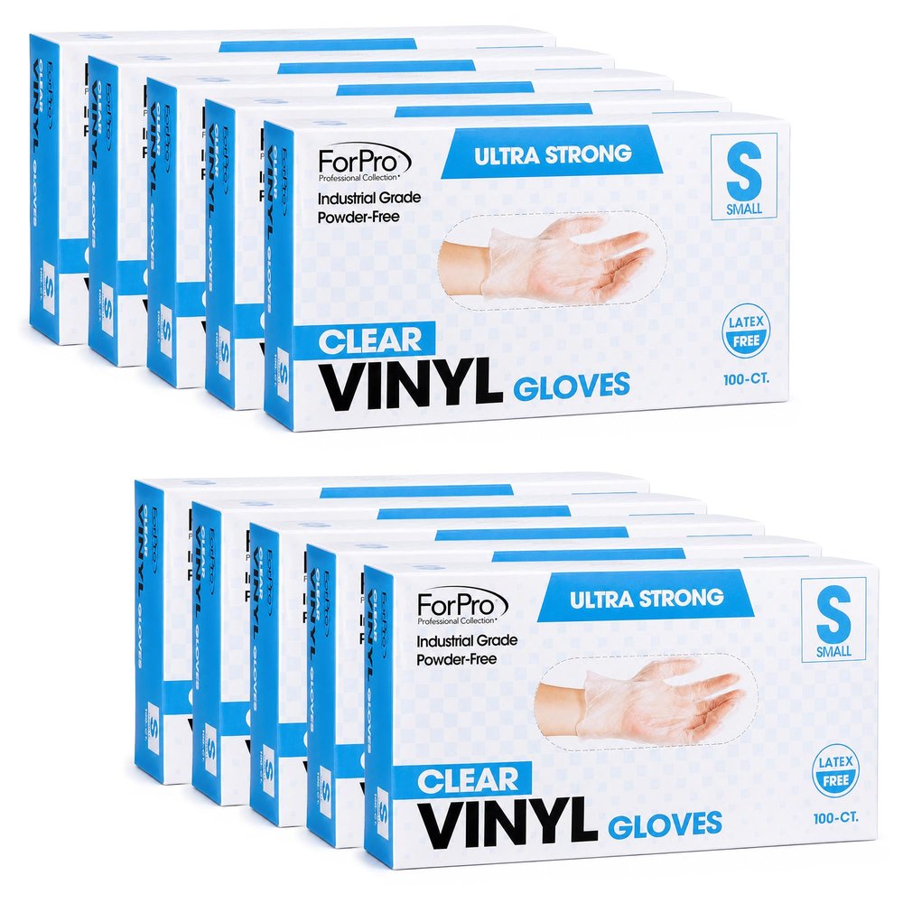 ForPro Disposable Vinyl Gloves, Clear, Industrial Grade, Powder-Free, Latex-Free, Non-Sterile, Food Safe, 2.75 Mil. Palm, 3.9 Mil. Fingers, Small, 100-Count (Pack of 10)