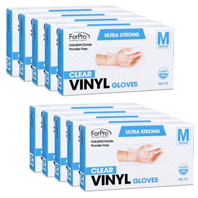 ForPro Disposable Vinyl Gloves, Clear, Industrial Grade, Powder-Free, Latex-Free, Non-Sterile, Food Safe, 2.75 Mil. Palm, 3.9 Mil. Fingers, Medium, 100-Count (Pack of 10)