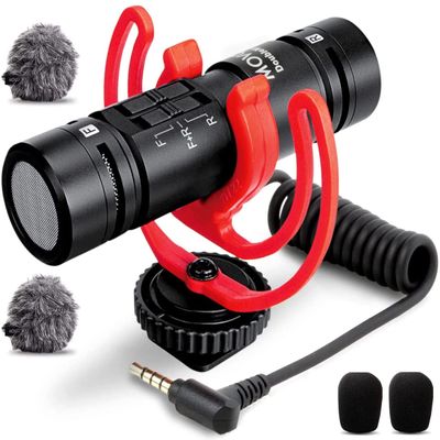 Movo DoubleMic V2 Two-Sided Shotgun Mic for Camera Vlogging - Dual Capsule External Microphone for iPhone, Android, Smartphones and DSLR Camcorders - Improved Wind Protection - Latest Version