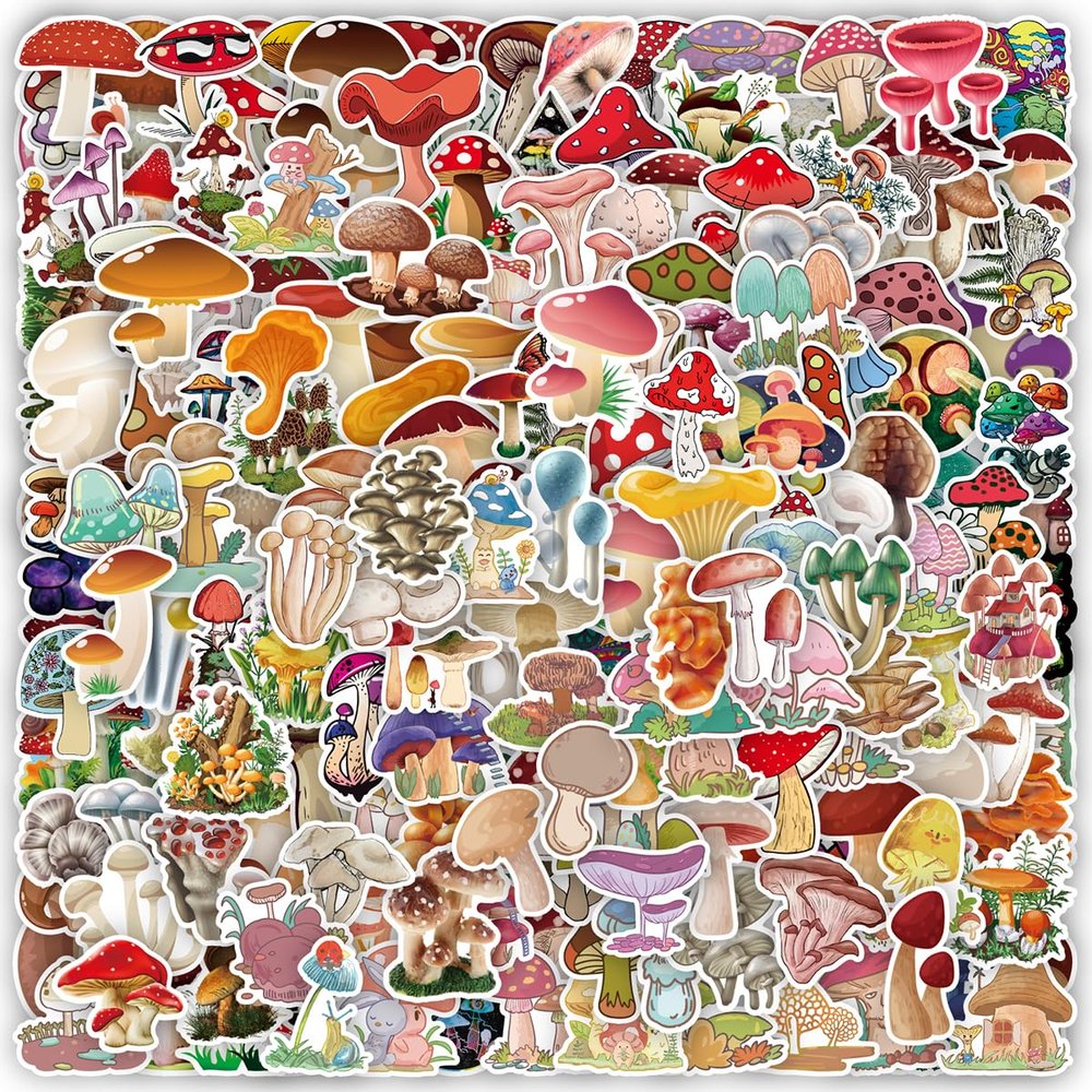 200 PCS Cute Mushroom Stickers Pack, Vinyl Mushroom Stickers, Waterproof for Water Bottle, Scrapbook, Laptop, Phone Case, Teens Girls Adults Kawaii
