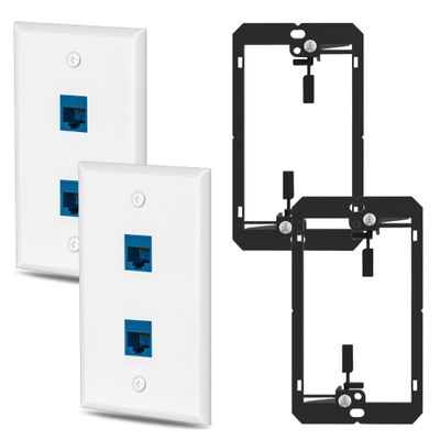 HuaHengHT Ethernet Wall Plate Outlet RJ45 Network Female to Female Keystone Wall Inline Coupler Jack Plates with Single Gang Low Voltage Mounting Bracket Device (2cat6 2Pcs, Blue)