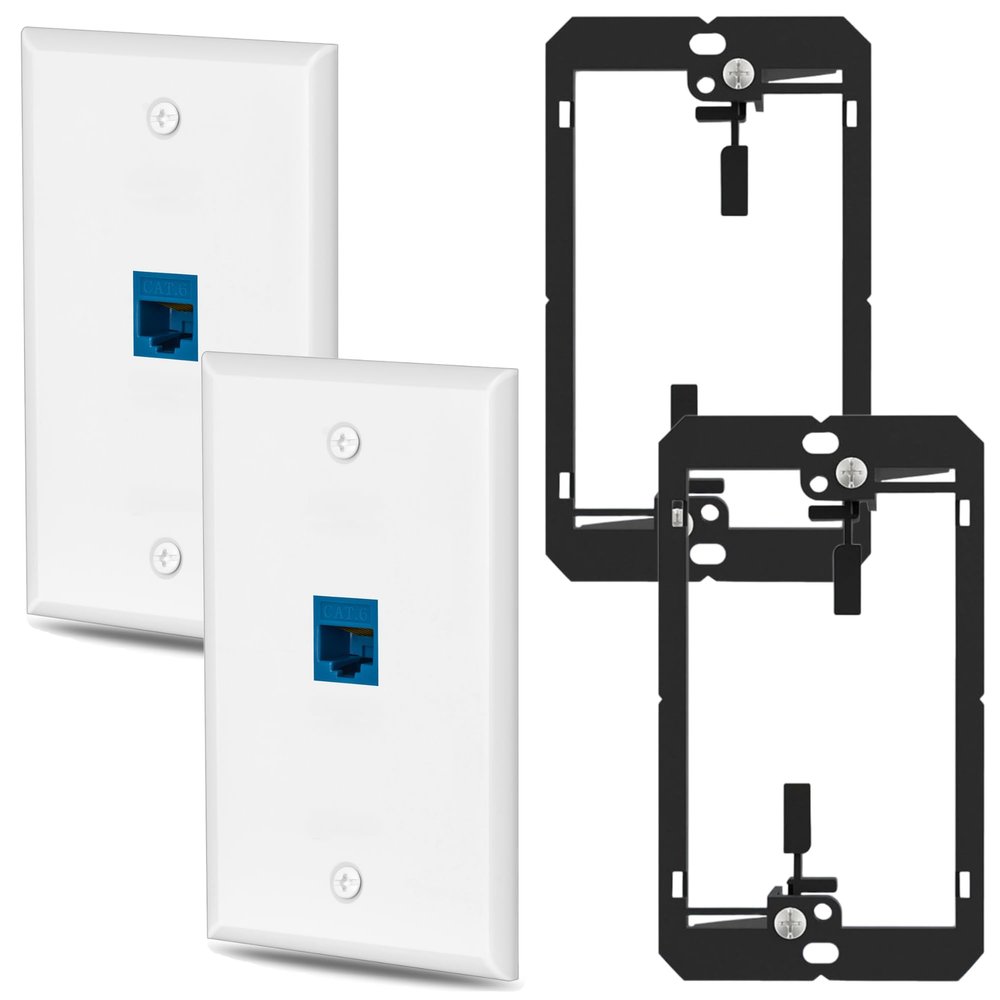 Ethernet Wall Plate HuaHengHT Outlet RJ45 Network Female to Female Keystone Wall Inline Coupler Jack Plates with Single Gang Low Voltage Mounting Bracket Device (1cat6 2Pcs, Blue)