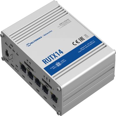 Teltonika RUTX14000000 Model RUTX14 LTE Dual-sim Industrial Cellular Router; for Europe, The Middle East, Africa, APAC, Brasil, Australia Operators Only; Ethernet, Wi-Fi, Bluetooth and USB Interfaces