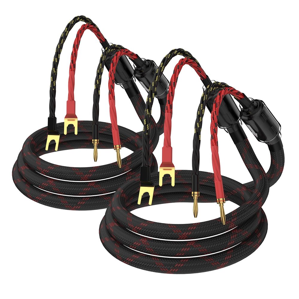 Tertullus 1 Pair HiFi OFC Braid Speaker Cable, 3m/9.89ft, Red and Black Mixed, Banana Plug to Spade Plugs, Compatible with Amplifier, Stereo, Home Theater, Speaker