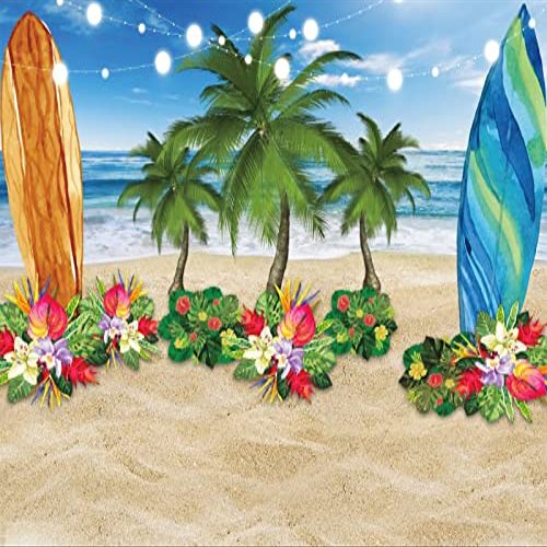 12x10ft Summer Beach Party Backdrop Hawaiian Beach Tropical Floral Leaves Surfboard Photography Background for Birthday Glitter String Lights Palm Floral Baby Shower Decor Cake Table Photo Booth