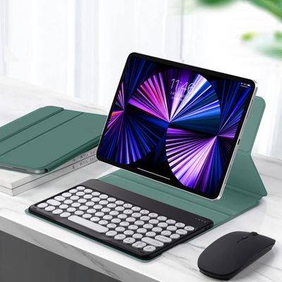 QYiiD Keyboard Case for iPad Air 5th Gen 2022/Air 4th Gen 2020 10.9 - Pro 11" 4th Gen 2022/2021/2020/2018, Magnetic Trifold Stand Case with Detachable Cute Round Key Keyboard and Mouse, DrakGreen