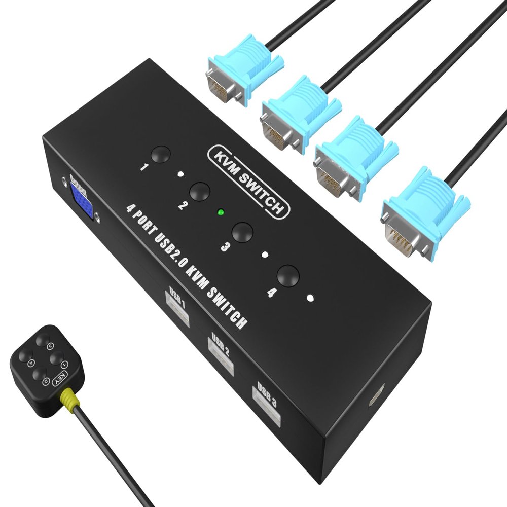 KVM Switch VGA 4 Port - VGA KVM Switch for 4 Computers Share 1 Monitor & 3 USB 2.0 Devices,Keyboard Mouse Scanner Printer,U Disk, Driver-Free for All OS,4 KVM Cables 1 Desktop Controller Included