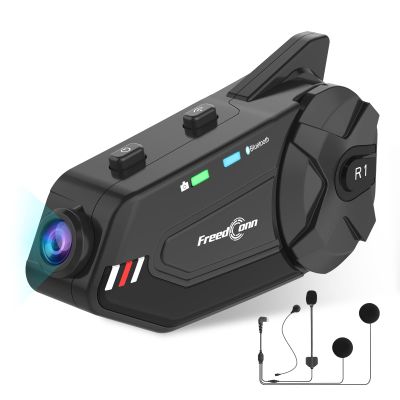 FreedConn Motorcycle Helmet Headset with Camera R1plus Helmet Intercom 1080P WiFi Motorcycle Communication Systems with CVC Noise Cancellation/Music Sharing /IP65 Waterproof(Comes with 64G TF Card)