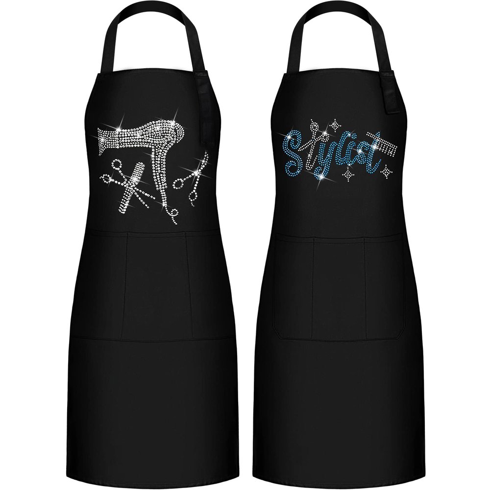 Coume 2 Pcs Hair Stylist Apron Hairstylist Salon Apron with Rhinestone Tools 3 Pockets Waterproof Hairdresser Barber(Blue and White,Large)