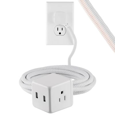 Cordinate 10ft Flat Plug Extension,Cube Cord with 3 Outlets, USB Ports, Gray/White, 55356