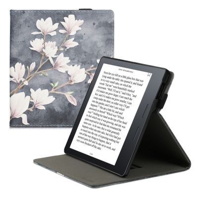 kwmobile Cover Compatible with Amazon Kindle Oasis 10. Generation Case - Stand + Strap - Magnolias Taupe/White/Blue Grey