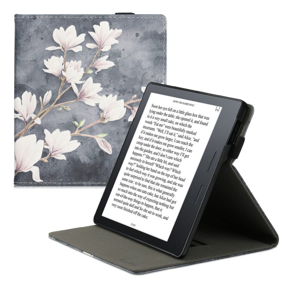 kwmobile Cover Compatible with Amazon Kindle Oasis 10. Generation Case - Stand + Strap - Magnolias Taupe/White/Blue Grey