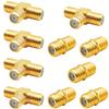 10 Pack RG6 Coax Coaxial Cable Extender and F Type RG6 Female to 2 Female 3 Way Coax Cable T Splitter Adapter, Coaxial Cable Connector T shape and Female to Female for TV Video VCR Antenna Satellite view 1
