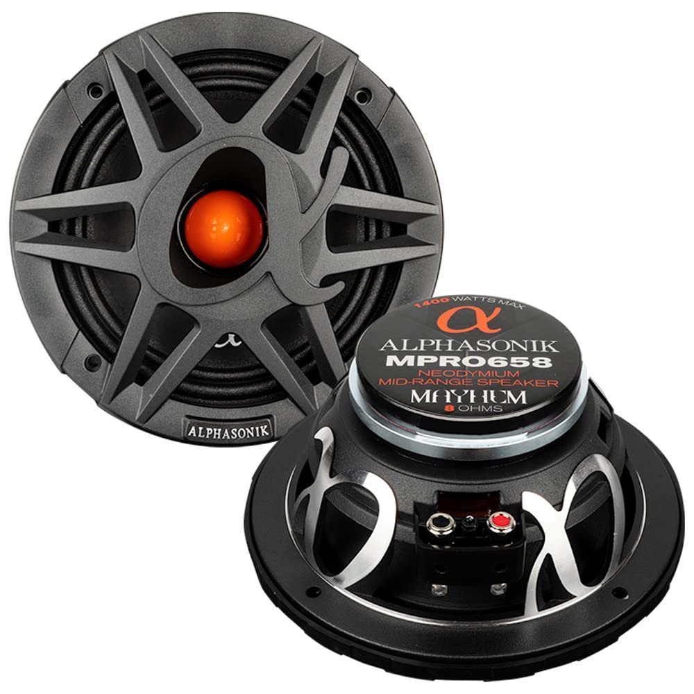 Alphasonik 1 Pair of MPRO658 Mayhem PRO Series 6.5" 1400 Watts Max 350 Watts RMS Mid-Range Car Audio Speaker 8-Ohm Grille, Cast Basket, Cloth Surround, Non Pressed Paper Cone, Neodymium Magnet