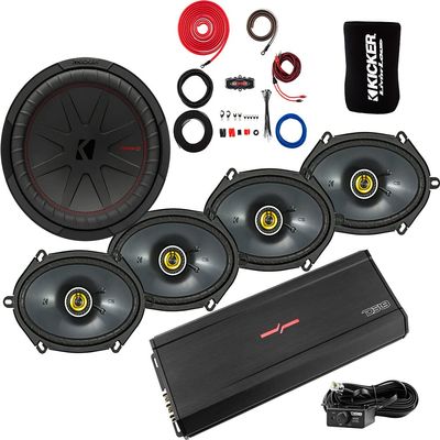 KICKER Sub, Speakers and Amp Package of 5 Items: 12" CompR Subwoofer, 6"x8" CS 2-Way Speakers, 1000W 5-Channel Amplifier and Complete 4AWG Wiring Kit