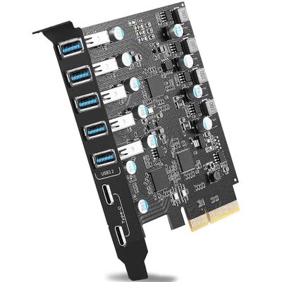 10Gbps PCIe USB 3.2/3.1 Gen 2 Expansion Card 7-Ports (2X USB C and 5X Type-A) PCI Express Card Type C PCI-e USB3 Hub Controller Adapter 4 Independent Power Module