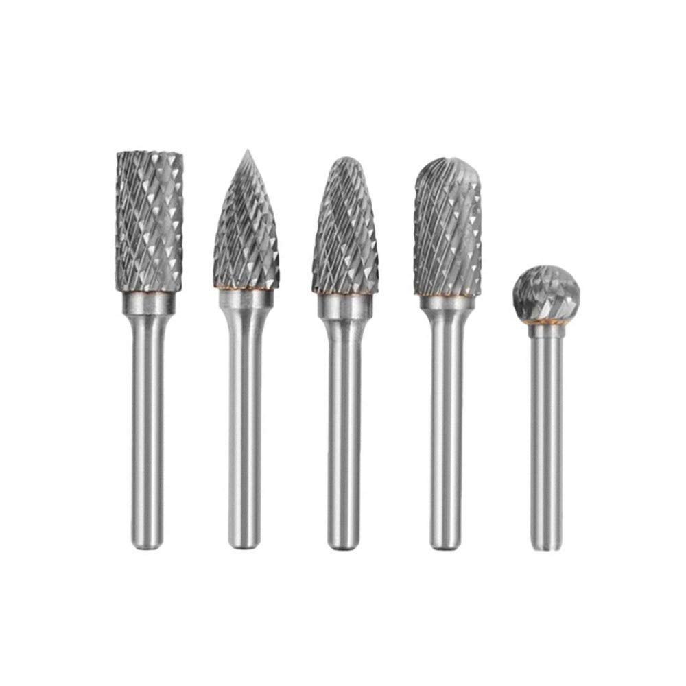 ASDUU 5Pcs Carbide Tungsten Steel Burrs Set Solid Rotery Burrs File Double Cut Die Grinder Drill Grinding Head for Woodworking Drilling Metal Carving Engraving Polishing Drill Bit