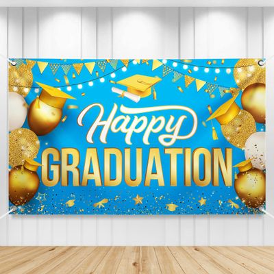 KatchOn Happy Graduation Banner Blue and Gold 72x44 Inch