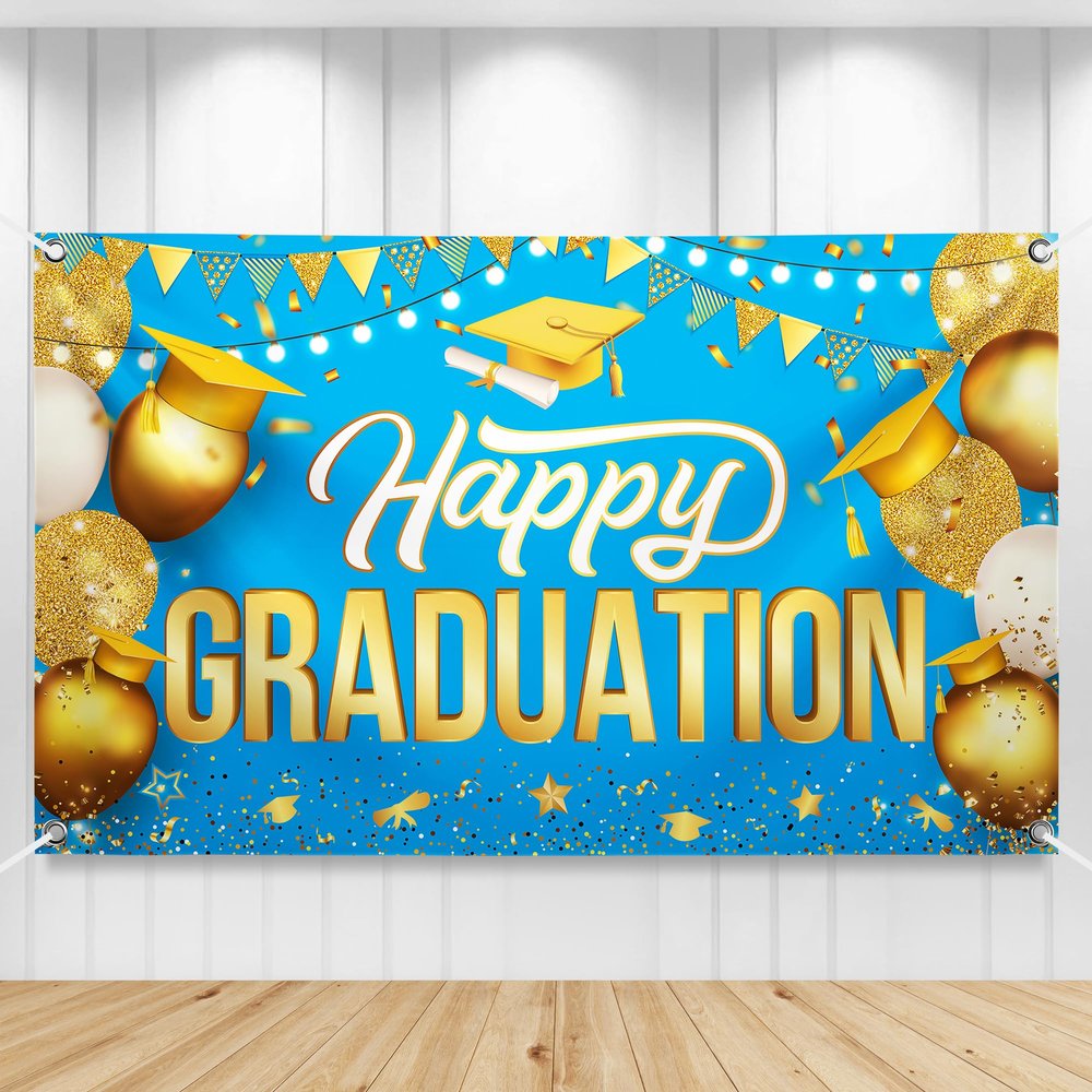 KatchOn Happy Graduation Banner Blue and Gold 72x44 Inch