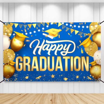 Katchon Happy Graduation Banner Gold and Blue 72x44 Inch