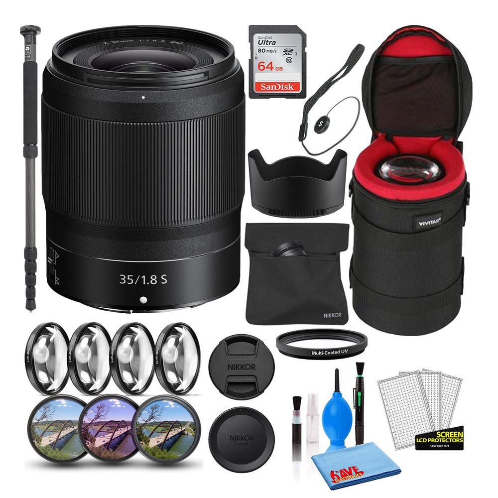 Nikon NIKKOR Z 35mm f/1.8 S Prime Lens (20081) with 64GB Ultra SDHC Memory Card + Padded Lens Case + 70-Inch Pro Monopod + 8-Piece Filter Kit (Macro, UV, CPL, FLD) (Renewed)