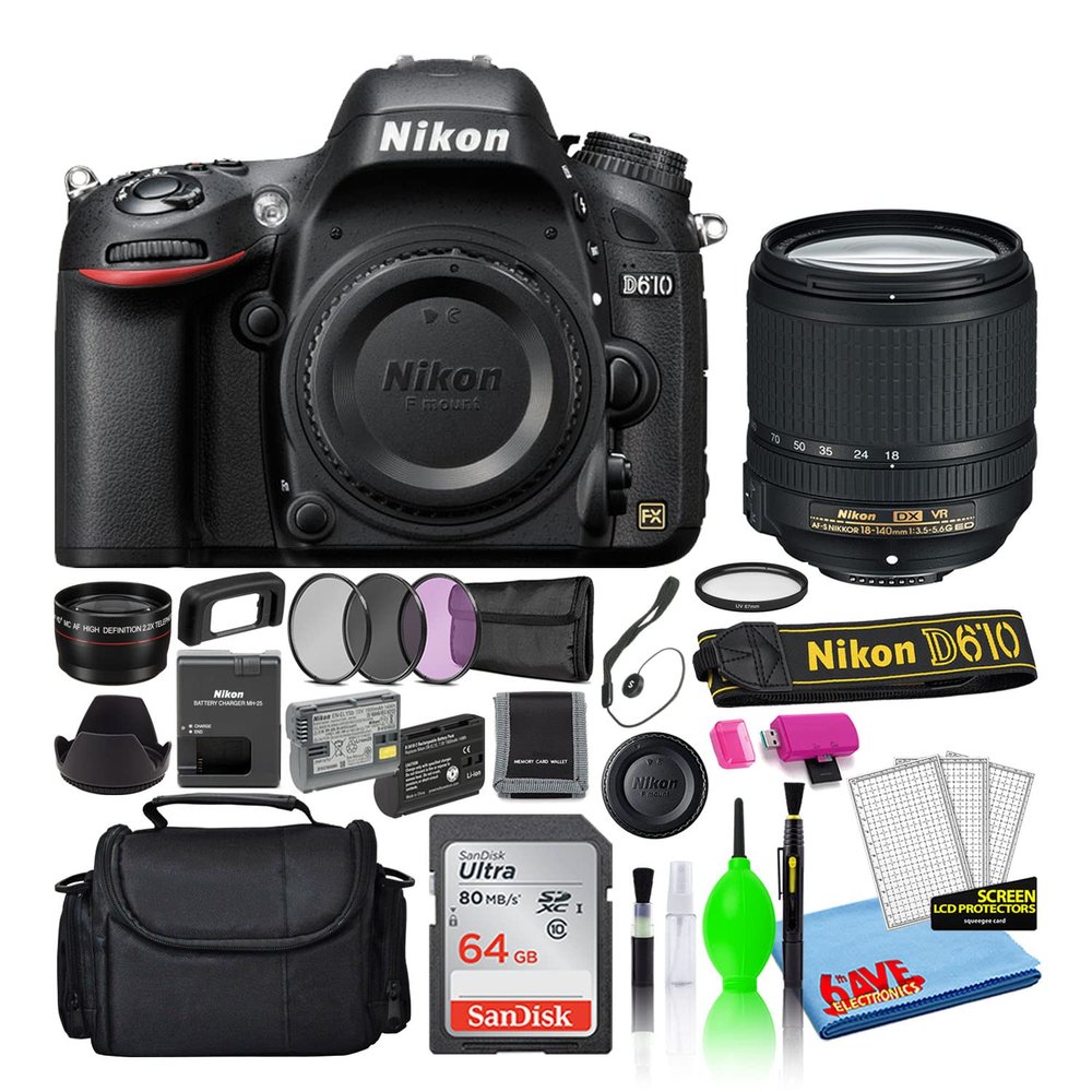 Nikon D610 24.3MP DSLR FX-Format Digital Camera with 18-140mm VR Lens (1540) Deluxe Bundle with 64GB SD Card + Large Camera Bag + Filter Kit + Spare EN-EL15 Battery + Telephoto Lens (Renewed)