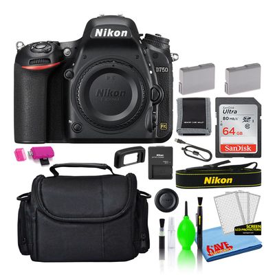 Nikon D750 24.3MP DSLR Digital Camera (Body Only) (1543) Deluxe Bundle with 64GB SD Card + Large Camera Bag + Spare EN-EL15 Battery + Deluxe Camera Cleaning Kit (Renewed)