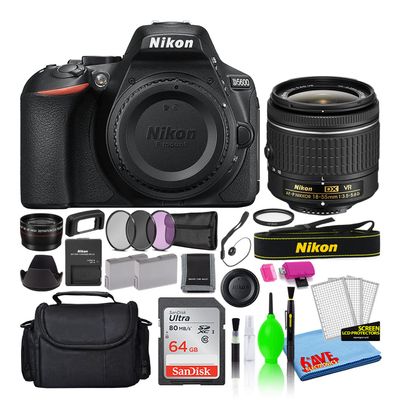Nikon D5600 24.2MP DSLR Digital Camera with AF-P DX 18-55mm Lens (1576) Deluxe Bundle with 64GB SD Card + Large Camera Bag + Filter Kit + Spare Battery + Telephoto Lens (Renewed)