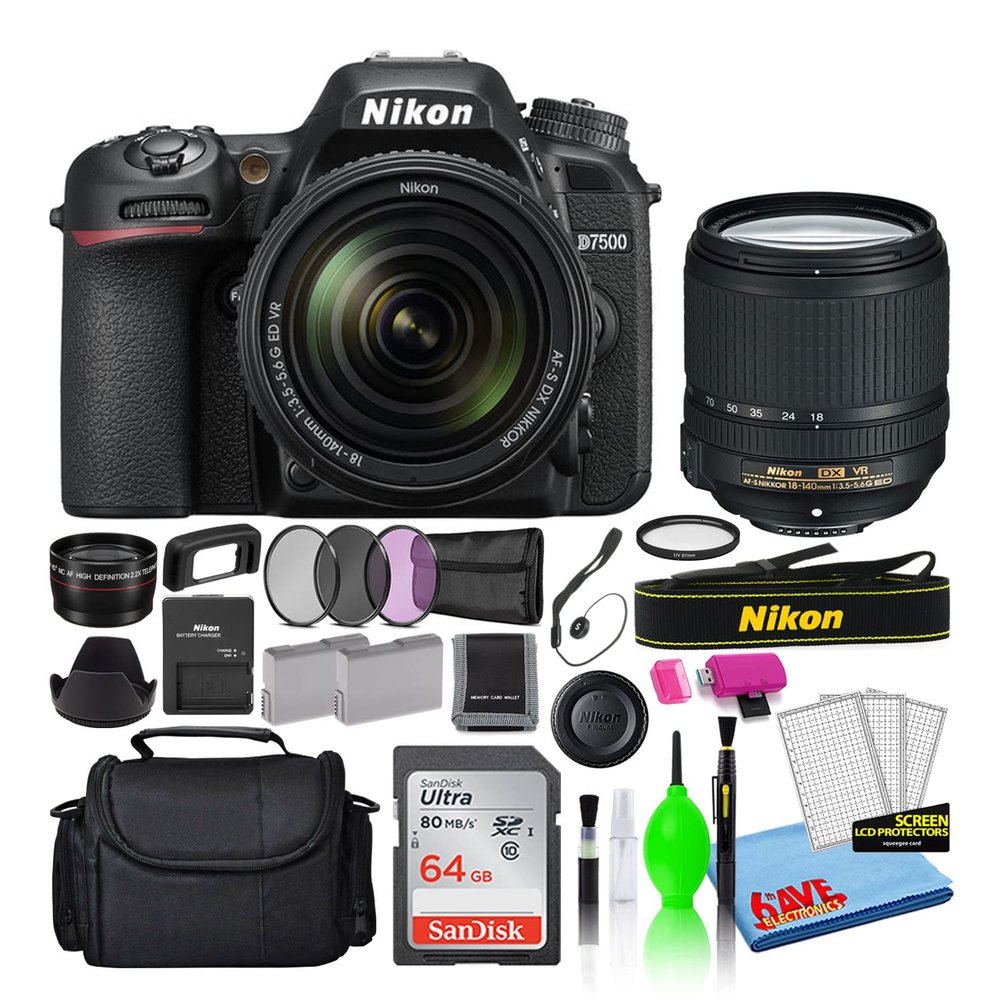 Nikon D7500 20.9MP DSLR Digital Camera with 18-140mm VR Lens (1582) Deluxe Bundle with 64GB SD Card + Large Camera Bag + Filter Kit + Spare Battery + Telephoto Lens (Renewed)