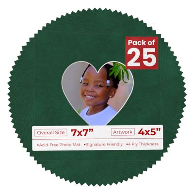 4x5 Mat For 7x7 Frame - Precut Green Suede Heart Shaped Photo Mat Board Opening - Acid Free Matte and Bevel Cut for Family Photos, Pack of 25 Matboards Show Kit With Acid Free Backings & Clear Bags