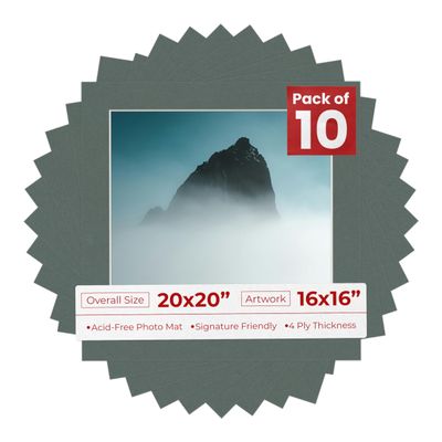 16x16 Mat for 20x20 Frame - Precut Mat Board Acid-Free Charcoal 16x16 Photo Matte for a 20x20 Picture Frame, Premium Matboard for Family Photos, Show Kits, Art, Picture Framing, Pack of 10 Mats