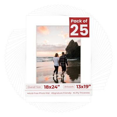 13x19 Mat for 18x24 Frame - Precut Mat Board Acid-Free White 13x19 Photo Matte Made to Fit a 18x24 Picture Frame, Premium Matboard for Family Photos, Show Kits, Art, Picture Framing, Pack of 25 Mats