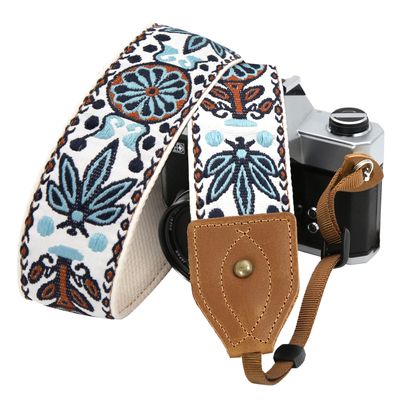 Padwa Lifestyle Camera Strap - 2" Wide Classic Vintage Crazy Horse Arts Cowhide Head Cotton Embroidered Universal Neck Shoulder & Crossbody Camera Straps for Photographers Gift and All DSLR Cameras
