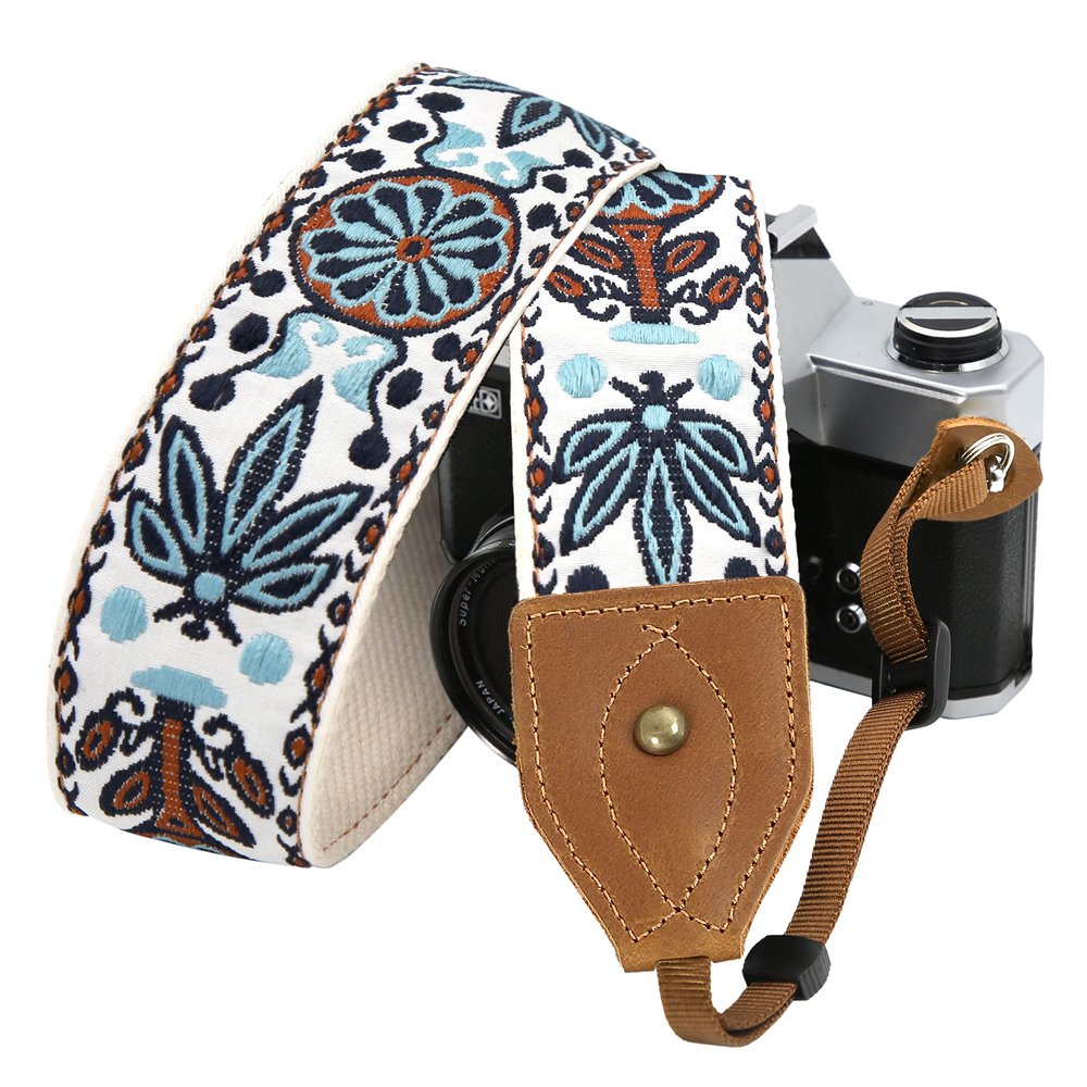 Padwa Lifestyle Camera Strap - 2" Wide Classic Vintage Crazy Horse Arts Cowhide Head Cotton Embroidered Universal Neck Shoulder & Crossbody Camera Straps for Photographers Gift and All DSLR Cameras