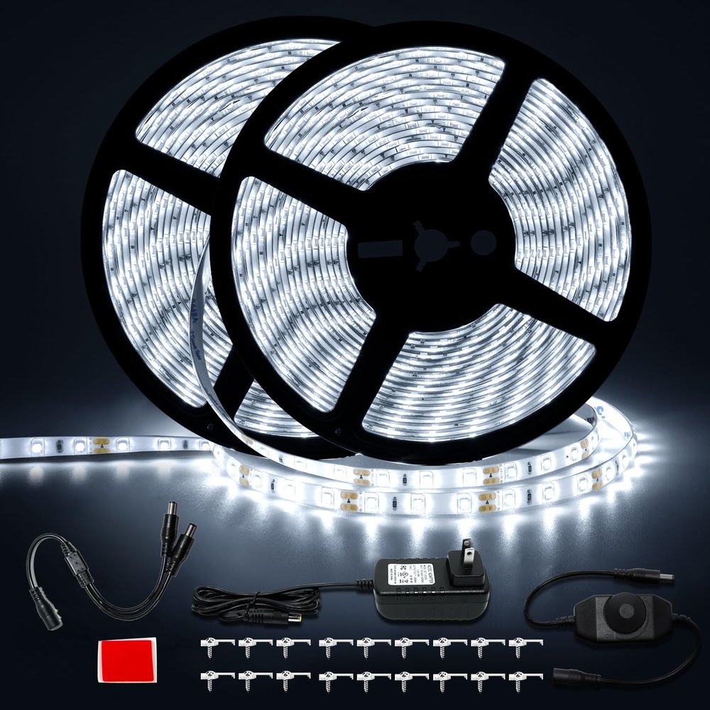 GUOTONG 50ft Waterproof LED Strip Lights, 6000K Daylight White IP44 Tape Light, 15M 12V Rope Light Strong 3M Adhesive, for Home,Kitchen, Patio, Balcony, Party, Wedding, Indoor and Outdoor Decor