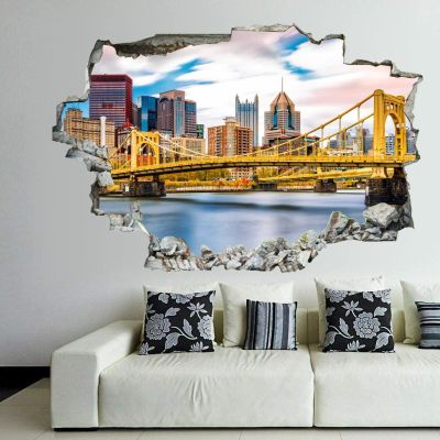 3D Broken Wall Stickers Stickers The Rachel Carson Bridge Crosses The Allegheny River in Pittsburgh, Pennsylvania 36 x 24 Inch Removable Wall Decal, Peel and Stick Landscape Wall Decor for Bedroom Li