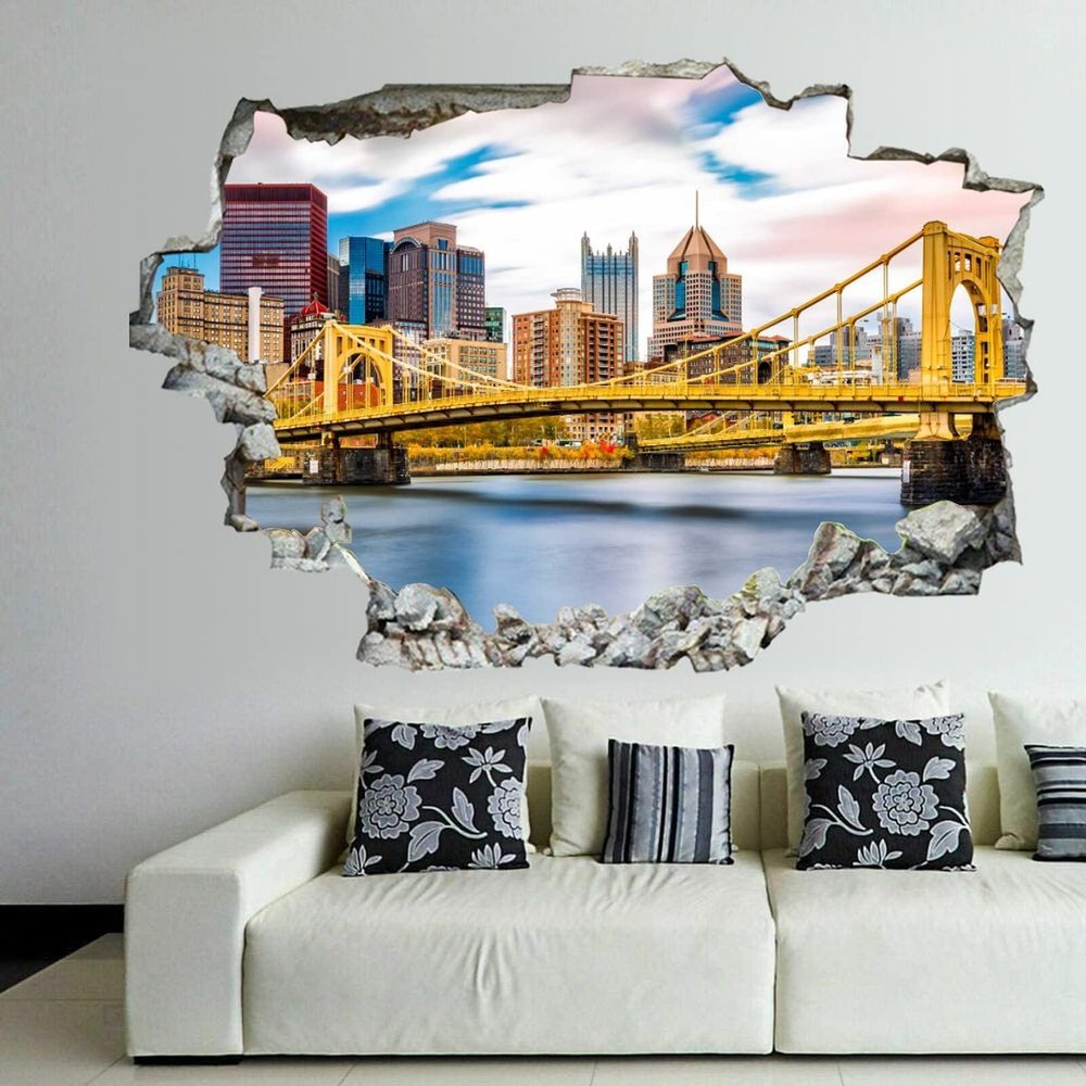 3D Broken Wall Stickers Stickers The Rachel Carson Bridge Crosses The Allegheny River in Pittsburgh, Pennsylvania 36 x 24 Inch Removable Wall Decal, Peel and Stick Landscape Wall Decor for Bedroom Li