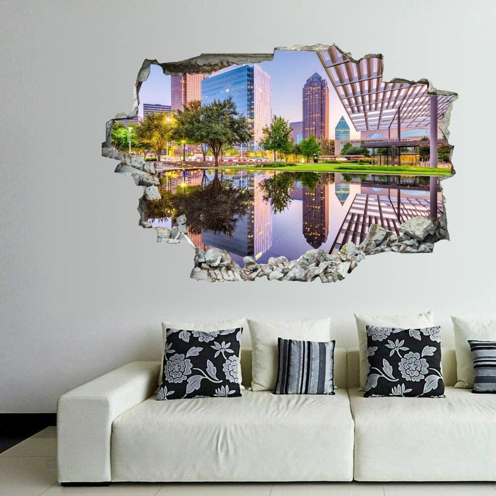 3D Self-adesive Removable Break Through The Wall Vinyl Wall Stickers/Murals Art Decals Stickers Dallas, Texas, USA Downtown Plaza and Skyline 24 x 16 Inch Wall Decor for Kids, Made in USA