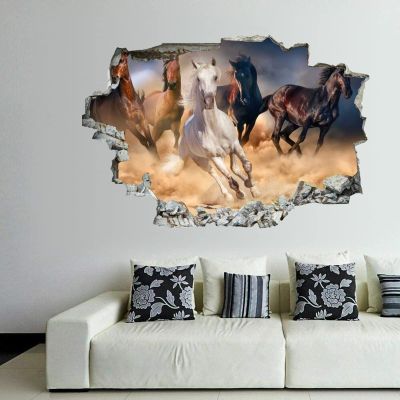 3D Self-adesive Removable Break Through The Wall Vinyl Wall Stickers/Murals Art Decals Stickers Horse Herd Running in Desert 24 x 16 Inch Wall Decor for Kids, Made in USA