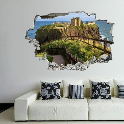 3D Self-adesive Removable Break Through The Wall Vinyl Wall Stickers/Murals Art Decals Stickers Scottish Landscape of Dunnotta Castle 24 x 16 Inch Wall Decor for Kids, Made in USA